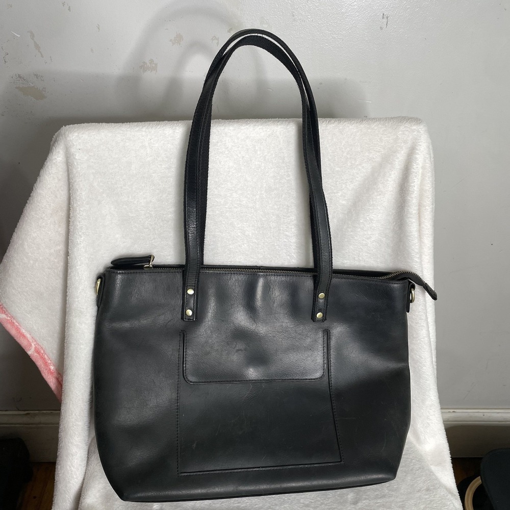 S-Zone Genuine Leather Tote Bag Medium Black Distressed